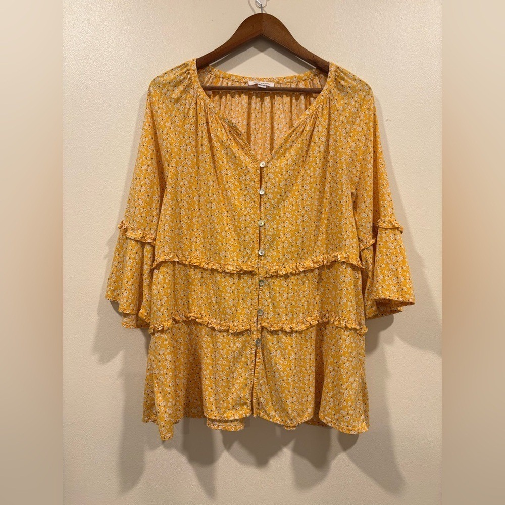 Beachlunchlounge Yellow Floral Ruffle Tiered Button Blouse Womens Small